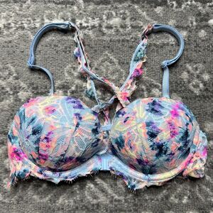 Victorias Secret PINK Front Close Date Racerback Pushup Bra Multicolor 32B Lace